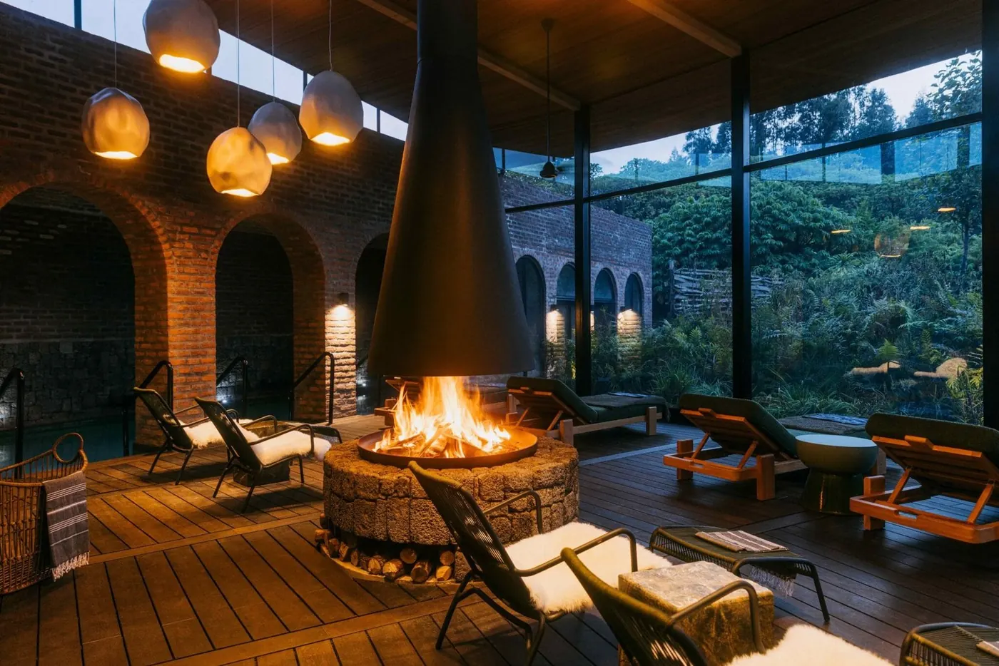 A fireside lounge at Bisate Lodge, Rwanda