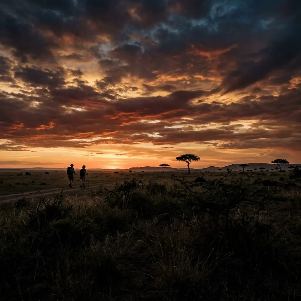 Travellers watching the sun set over the savannah