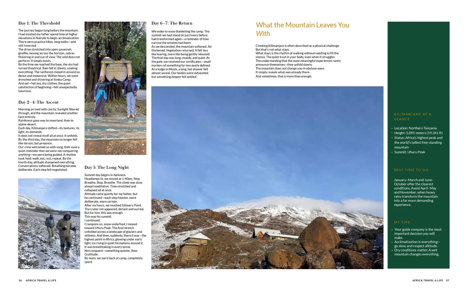 Spread from the current issue: climbing Kilimanjaro