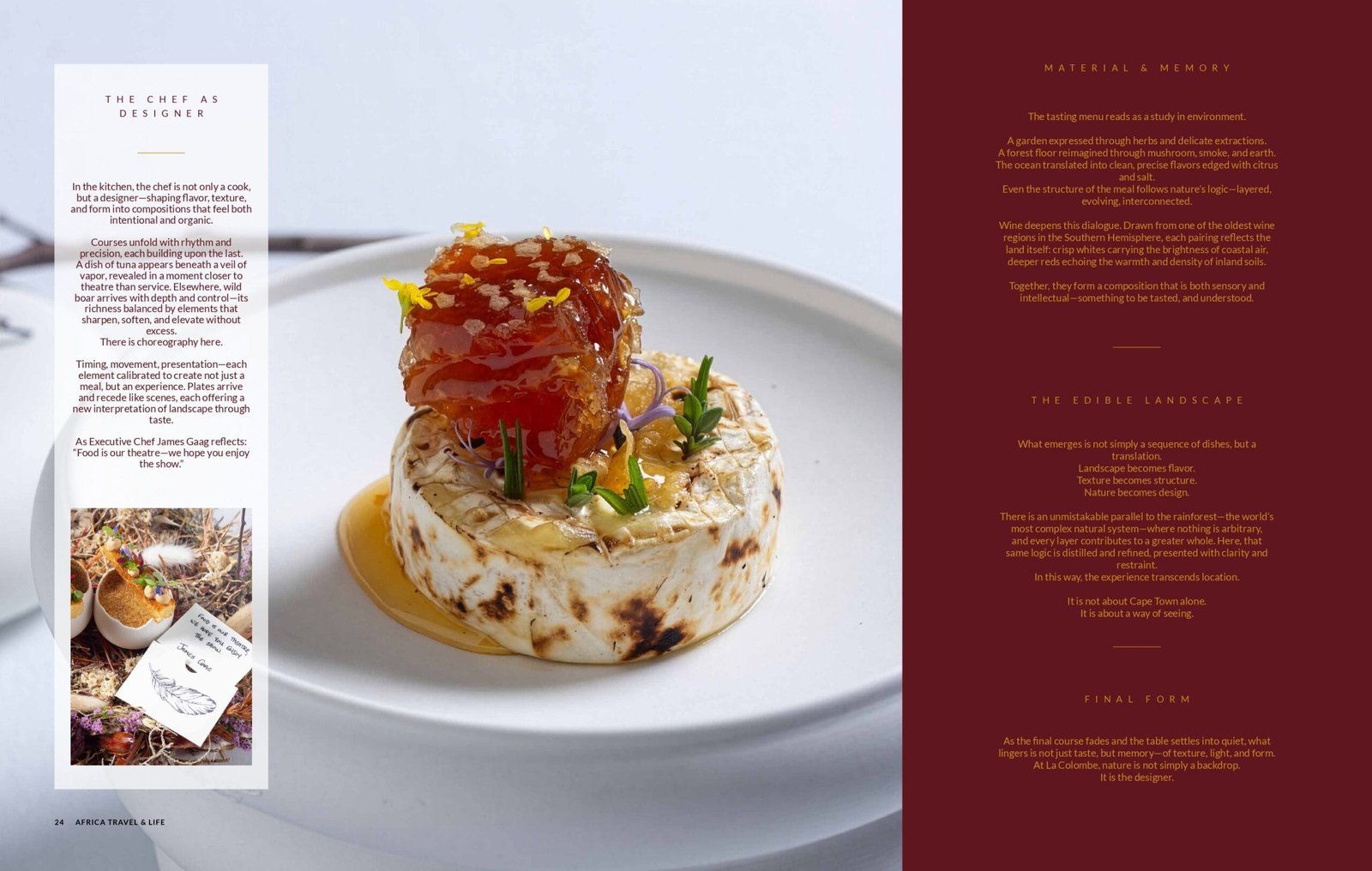 Spread from Issue 03: The Chef As Designer, a plated dish at La Colombe